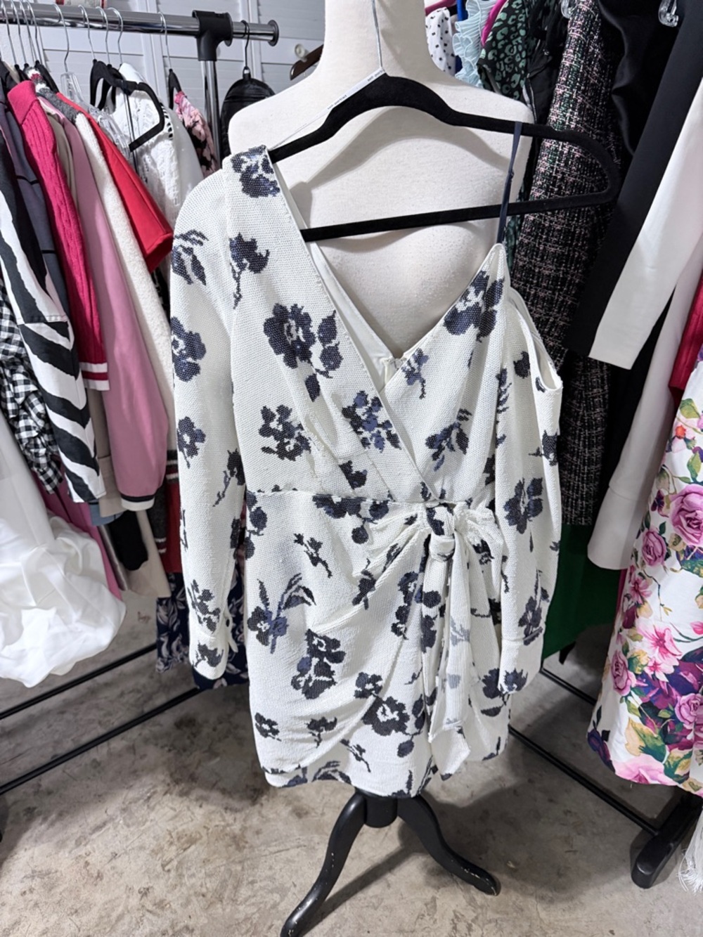 Self Portrait Floral Midi Dress - White with Blue Floral unique strap shoulder